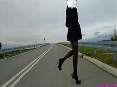 Outdoor crossdresser on public streetlingerie & a mp heels