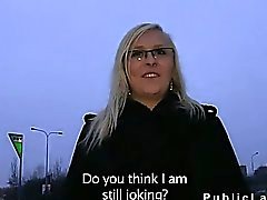 Shy blonde with glasses fucked and gets cumshot in public