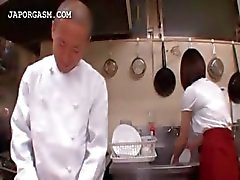 Asian waitress gets tits grabbed by her boss at work