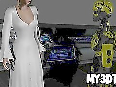 3D de la princesa Leia recibiendo lamida por un androide