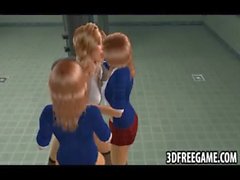 Tres colegialas sexys en de las duchas 3D utilizan strapons